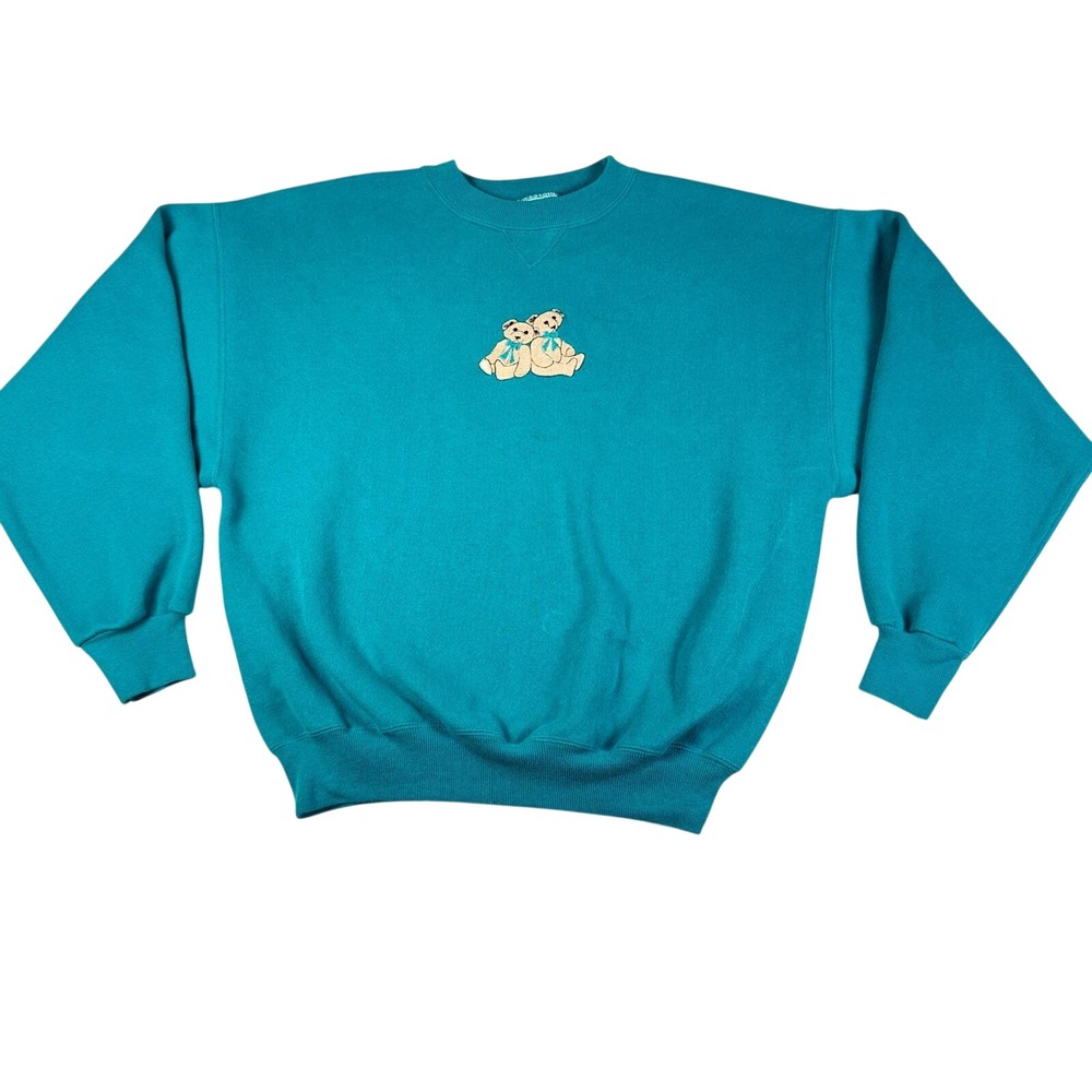 Vintage‎ Teal Teddy Bear Embroidered Crewneck Sweatshirt Blue 90s L/XL